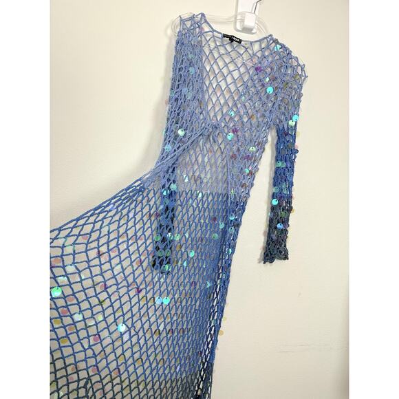 Blue Sequin Mesh Crochet Mermaid Cover Up Dress Maxi Womens XL Fashion Nova Swim - Picture 5 of 11